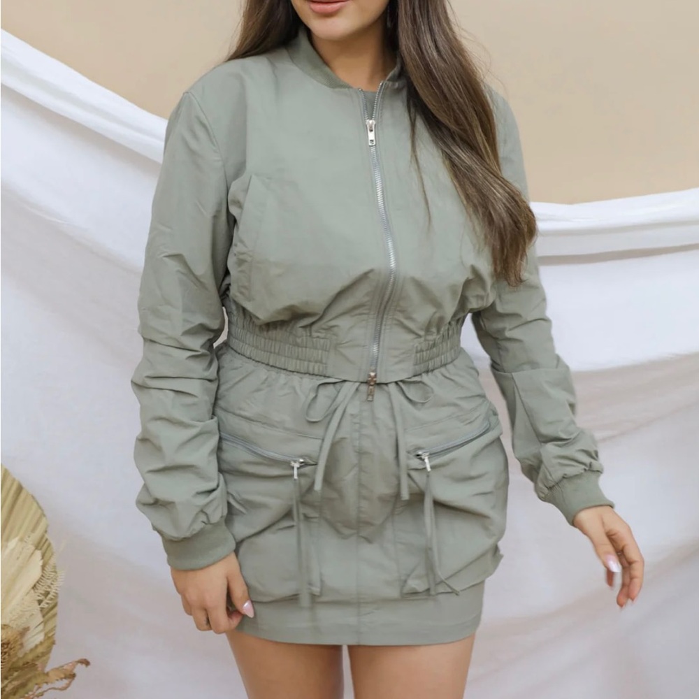 Olive Green Bomber Jacket Skirt Set